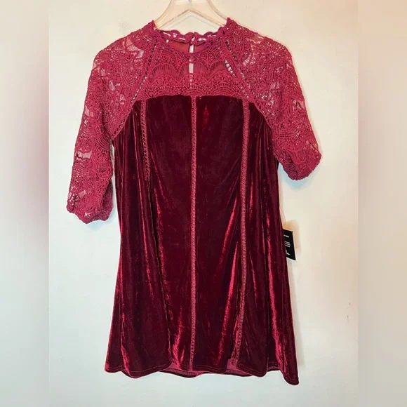 Lulu’s Love Me Always Burgundy Crocheted Lace Velvet Shift Dress - Picture 6 of 10